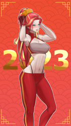 Size: 1872x3329 | Tagged: safe, artist:guyser3, sunset shimmer, human, g4, 2023, alternate hairstyle, belly button, clothes, female, high res, humanized, lunar new year, solo