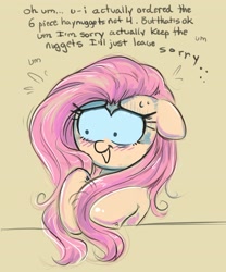 Size: 2486x2995 | Tagged: safe, artist:confetticakez, fluttershy, pegasus, pony, g4, blushing, dialogue, floppy ears, grin, high res, nervous, nervous smile, nervous sweat, open mouth, open smile, smiling, solo, wide eyes