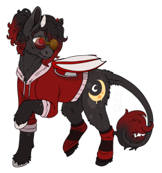 Size: 1800x1923 | Tagged: safe, artist:cackling-beast, oc, oc only, oc:lunar moth, changeling, pony, bat wings, black and red mane, black coat, changeling oc, cheek fluff, chest fluff, clothes, glasses, hoodie, horns, long tail, raised hoof, simple background, socks, solo, sternocleidomastoid, tail, tied hair, transparent background, unshorn fetlocks, watermark, wings