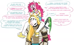Size: 1403x860 | Tagged: safe, artist:redxbacon, gummy, pinkie pie, oc, oc:candid, alligator, earth pony, horse, pony, anthro, plantigrade anthro, g4, armor, biting, blonde hair, blonde mane, candy, chestplate, clothes, dialogue, duo, facial markings, facial scar, female, food, mare, scar, simple background, slippers, speech, speech bubble, stockings, sweat, sweatdrop, sword, talking, text, thigh highs, turtleneck, weapon, white background