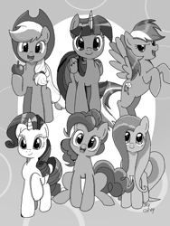 Size: 768x1024 | Tagged: safe, alternate version, seven seas, applejack, fluttershy, pinkie pie, rainbow dash, rarity, twilight sparkle, alicorn, earth pony, pegasus, pony, unicorn, g4, my little pony: the manga, female, grayscale, mane six, manga, monochrome, sketch gallery, spread wings, twilight sparkle (alicorn), wings