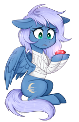 Size: 1615x2492 | Tagged: safe, alternate version, artist:higglytownhero, oc, oc only, oc:vesperal breeze, pegasus, pony, bandage, commission, fanfic art, female, gem, high res, horrified, mare, pegasus oc, ruby, simple background, sitting, solo, transparent background, worried