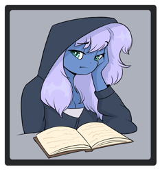 Size: 909x975 | Tagged: safe, artist:ahobobo, oc, oc only, oc:vesperal breeze, pegasus, anthro, book, bored, clothes, female, hoodie, looking at you, reading, solo