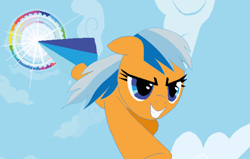 Size: 1120x714 | Tagged: safe, artist:ncolque, edit, screencap, oc, oc:sunlight mist, pegasus, pony, cloud, epic face, multicolored mane, multicolored trail, nose dive, sky, smiling, sonic rainboom