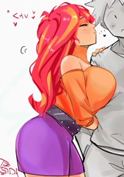 Size: 1400x2000 | Tagged: safe, artist:sozglitch, sunset shimmer, oc, oc:generic messy hair anime anon, human, g4, bare shoulders, belt, big breasts, breasts, busty sunset shimmer, canon x oc, cheek kiss, chu, clothes, cute, female, heart, huge breasts, humanized, kissing, male, shimmerbetes, simple background, smiling, straight, studded belt, white background