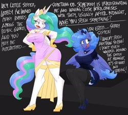 Size: 2300x2070 | Tagged: safe, artist:flutterthrash, princess celestia, princess luna, alicorn, anthro, g4, big breasts, black background, blatant lies, breasts, busty princess celestia, busty princess luna, clothes, crown, dialogue, dress, duo, duo female, female, gloves, high heels, high res, implied guardluna, jewelry, necklace, regalia, royal sisters, s1 luna, shoes, siblings, simple background, sisters, speech, stockings, sweat, sweatdrop, talking, text, thigh highs, tiara