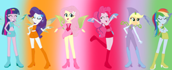 Size: 1478x608 | Tagged: safe, artist:selenaede, artist:unicorngirl06, applejack, fluttershy, pinkie pie, rainbow dash, rarity, twilight sparkle, fairy, human, equestria girls, g4, aisha, armpits, arms in the air, barely eqg related, base used, bloom (winx club), blue wings, bodysuit, boots, clothes, crossed arms, crossover, crown, dress, eyes closed, fairy wings, fairyized, flora (winx club), gloves, gradient background, green wings, hand on hip, hands in the air, headphones, high heel boots, high heels, humane five, humane six, jewelry, layla, magic winx, musa, open mouth, regalia, shoes, smiling, sparkly wings, stella (winx club), strapless, tecna, twilight sparkle (alicorn), wings, winx, winx club, winxified