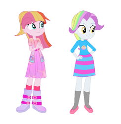 Size: 517x527 | Tagged: safe, artist:leahrow, artist:selenaede, coconut cream, toola roola, human, equestria girls, g4, base used, boots, clothes, cutie mark on clothes, dress, hand on hip, hands together, shoes, simple background, smiling, white background