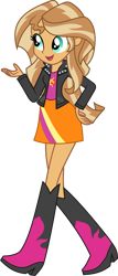 Size: 1696x3977 | Tagged: safe, artist:starryshineviolet, edit, vector edit, sunset shimmer, human, equestria girls, g4, boots, chatting, clothes, cutie mark on clothes, female, high heel boots, high res, human coloration, jacket, leather, leather jacket, natural hair color, realism edits, shirt, shoes, simple background, skirt, solo, sun, tanned, teal eyes, transparent background, vector, walking