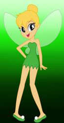 Size: 1608x3060 | Tagged: safe, artist:brooklynsentryyt, artist:unicorngirl06, fairy, human, equestria girls, g4, bare shoulders, barely eqg related, base used, clothes, crossover, disney, disney fairies, dress, equestria girls style, equestria girls-ified, fairy wings, green background, green dress, hair bun, looking at you, open mouth, open smile, shoes, simple background, smiling, strapless, tinkerbell, wings