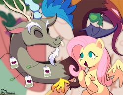 Size: 4096x3140 | Tagged: safe, artist:beeness_, discord, fluttershy, draconequus, pegasus, pony, discordant harmony, g4, animate object, beard, duo, duo male and female, eyebrows, facial hair, female, food, ginseng teabags, high res, male, mare, mismatched wings, open mouth, open smile, signature, smiling, spread wings, tea, wings