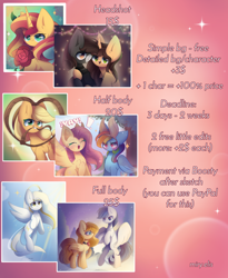 Size: 2700x3300 | Tagged: safe, artist:miryelis, applejack, fluttershy, rainbow dash, sunset shimmer, oc, oc:gold.de, earth pony, pegasus, pony, unicorn, g4, advertisement, bust, commission, commission info, cute, duo, flower, full body, hat, high res, horn, looking at you, price list, price sheet, smiling, smiling at you, text, wings