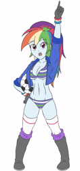 Size: 1393x2952 | Tagged: safe, artist:sumin6301, rainbow dash, human, equestria girls, g4, belly button, breasts, busty rainbow dash, clothes, female, football, gloves, high res, jacket, open mouth, pointing, simple background, solo, sports, white background
