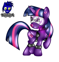 Size: 2590x2719 | Tagged: safe, alternate version, artist:damlanil, twilight sparkle, alicorn, latex pony, original species, pony, g4, alternate color palette, bdsm, bondage, bound wings, close-up, clothes, collar, cuffs, encasement, female, gas mask, heart, high res, horn, hypnogear, latex, living latex, mare, mask, mind control, raised hoof, restrained, rubber, rubber drone, rubber suit, shiny, shiny mane, show accurate, simple background, solo, story, story included, transformation, transparent background, twilight sparkle (alicorn), vector, visor, wings