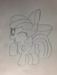 Size: 852x1136 | Tagged: safe, artist:6127fpcs, apple bloom, earth pony, pony, g4, apple bloom's bow, bow, female, filly, foal, hair bow, one eye closed, photo, raised hoof, solo, traditional art, wink
