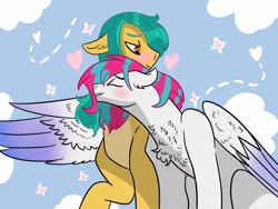 Size: 2160x1620 | Tagged: safe, artist:pinku.piccolo, hitch trailblazer, zipp storm, earth pony, pegasus, pony, g5, affection, alternate hairstyle, blushing, chest fluff, duo, duo male and female, eyes closed, female, heart, hug, male, mare, ship:stormblazer, shipping, smiling, spread wings, stallion, straight, winghug, wings