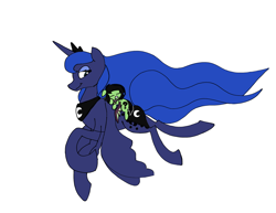 Size: 2330x1803 | Tagged: safe, artist:ponny, princess luna, oc, oc:filly anon, alicorn, bat pony, pony, g4, crown, duo, female, filly, flying, jewelry, long mane, long tail, peytral, raised hoof, regalia, simple background, spread wings, tail, white background, windswept mane, wings