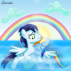 Size: 1300x1300 | Tagged: safe, artist:mlplary6, rainbow dash, soarin', pegasus, pony, g4, boyfriend and girlfriend, cloud, eyes closed, female, holding hooves, hug, male, mare, rainbow, romantic, ship:soarindash, shipping, sky, smiling, smiling to someone, snuggling, stallion, straight, sun, swimming, water, wet, wet mane, winghug, wings