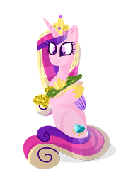 Size: 1019x1409 | Tagged: safe, artist:lindasaurie, derpibooru exclusive, princess cadance, alicorn, fish, pony, g4, animal, crown, eye clipping through hair, female, full body, jewelry, lineless, mare, petting, pike, regalia, simple background, sitting, smiling, transparent background