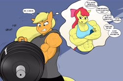 Size: 3931x2599 | Tagged: safe, artist:matchstickman, apple bloom, applejack, earth pony, anthro, matchstickman's apple brawn series, g4, abs, apple bloom's bow, apple brawn, apple sisters, applejacked, barbell, biceps, bow, breasts, busty apple bloom, clothes, deltoids, dialogue, duo, female, gritted teeth, grunting, hair bow, high res, mare, muscles, muscular female, older, older apple bloom, pecs, siblings, sisters, speech bubble, sweat, teeth, thought bubble, weights