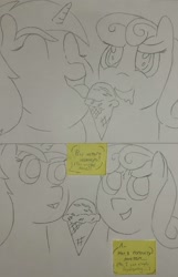 Size: 1905x2964 | Tagged: safe, anonymous artist, bon bon, lyra heartstrings, sweetie drops, earth pony, pony, unicorn, g4, 2 panel comic, comic, cyrillic, drool, fat, female, food, ice cream, lesbian, obese, ship:lyrabon, shipping, tongue out, traditional art