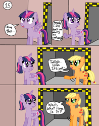 Size: 2548x3244 | Tagged: safe, artist:alyssafire, artist:nightshadowmlp, applejack, twilight sparkle, alicorn, pony, comic:five am at pinkie's: the prequel, g4, comic, dialogue, dilated pupils, hatless, high res, missing accessory, speech bubble, text, twilight sparkle (alicorn)