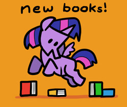 Size: 974x821 | Tagged: safe, artist:docwario, twilight sparkle, alicorn, pony, g4, book, bookhorse, chibi, dialogue, flying, looking at something, orange background, simple background, solo, spread wings, that pony sure does love books, twilight sparkle (alicorn), wings