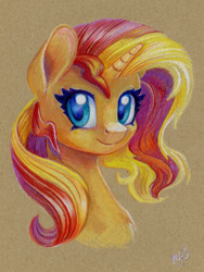 Size: 900x1200 | Tagged: safe, artist:maytee, sunset shimmer, pony, unicorn, g4, brown background, bust, colored pencil drawing, female, mare, portrait, simple background, solo, toned paper, traditional art