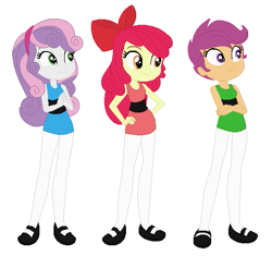 Size: 537x505 | Tagged: safe, artist:03daimond24, artist:selenaede, apple bloom, scootaloo, sweetie belle, human, equestria girls, g4, barely eqg related, base used, blossom (powerpuff girls), blue dress, bow, bubbles (powerpuff girls), buttercup (powerpuff girls), clothes, crossed arms, crossover, cutie mark crusaders, dress, green dress, hair bow, hand on hip, hands together, headband, leggings, pink dress, shoes, simple background, the powerpuff girls, trio, white background