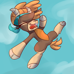 Size: 2000x2000 | Tagged: safe, artist:papacruda09, shanty (tfh), goat, them's fightin' herds, cloud, cloven hooves, community related, eyes closed, falling, happy, high res, open mouth, sky, solo