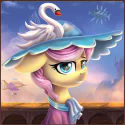 Size: 2000x2000 | Tagged: safe, artist:atlas-66, swan song, pony, g4, airship, canterlot, commission, equestria, hat, high res, mountain, sky, solo, zeppelin