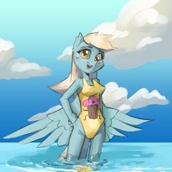 Size: 2400x2400 | Tagged: safe, artist:haku nichiya, derpy hooves, pegasus, anthro, g4, blushing, clothes, high res, ocean, one-piece swimsuit, open mouth, open smile, smiling, solo, swimsuit, water