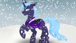 Size: 1920x1080 | Tagged: safe, artist:puginpocket, oc, oc only, oc:nihea tamin, changeling, armor, blue mane, blue tail, changeling oc, folded wings, male, smiling, snow, snowfall, solo, tail, wings