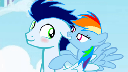 Size: 1920x1080 | Tagged: safe, artist:mlplary6, rainbow dash, soarin', pegasus, pony, g4, animated, biting, blushing, ear bite, female, gif, husband and wife, looking at each other, looking at someone, male, mare, nom, ship:soarindash, shipping, smiling, stallion, straight