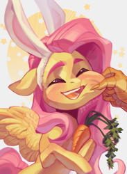 Size: 1900x2600 | Tagged: safe, artist:yuyusunshine, discord, fluttershy, draconequus, pegasus, pony, g4, blushing, bunny ears, carrot, cheek pinch, disembodied hand, duo, duo male and female, eyes closed, female, female focus, floppy ears, food, hand, heart, heart eyes, herbivore, high res, male, offscreen character, offscreen male, open mouth, open smile, signature, smiling, solo focus, wingding eyes