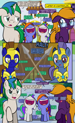 Size: 1920x3168 | Tagged: safe, artist:alexdti, oc, oc:bright comet, oc:purple creativity, oc:star logic, oc:violet moonlight, earth pony, pegasus, pony, unicorn, comic:quest for friendship, armor, colt, comic, dialogue, ears back, excited, eyebrows, eyes closed, father and child, father and daughter, father and son, female, filly, foal, folded wings, glasses, guardsmare, high res, hooves, horn, husband and wife, lidded eyes, male, mare, mother and child, mother and daughter, mother and son, open mouth, open smile, pegasus oc, raised eyebrow, raised hoof, royal guard, royal guard armor, smiling, spear, speech bubble, stallion, standing, two toned mane, unicorn oc, uvula, volumetric mouth, wall of tags, weapon, wings