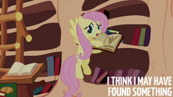 Size: 1280x720 | Tagged: safe, edit, edited screencap, editor:quoterific, screencap, fluttershy, pegasus, pony, g4, magic duel, season 3, alicorn amulet, book, female, flying, golden oaks library, mare, open mouth, solo, spread wings, talking, wings