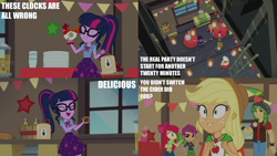 Size: 2000x1124 | Tagged: safe, edit, edited screencap, editor:quoterific, screencap, apple bloom, applejack, sandalwood, sci-twi, scootaloo, twilight sparkle, human, equestria girls, equestria girls specials, g4, my little pony equestria girls: better together, my little pony equestria girls: holidays unwrapped, the cider louse fools, cardboard cutout, geode of super strength, geode of telekinesis, magical geodes