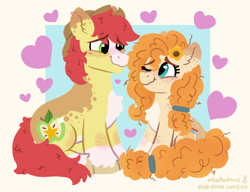 Size: 1500x1150 | Tagged: safe, artist:mkartzdraws, artist:pink-pone, bright mac, pear butter, earth pony, pony, g4, collaboration, couple, duo, duo male and female, eye contact, eyebrows, eyebrows visible through hair, female, floating heart, flower, flower in hair, hat, heart, husband and wife, looking at each other, looking at someone, male, mare, one eye closed, ship:brightbutter, shipping, signature, sitting, smiling, smiling at each other, stallion, straight