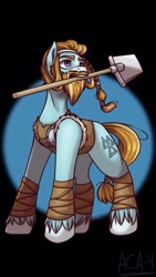 Size: 576x1024 | Tagged: safe, artist:aca-4, rockhoof, earth pony, pony, g4, abstract background, dark background, male, mouth hold, shovel, slender, solo, stallion, thin