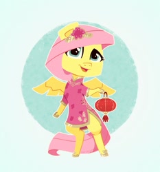Size: 781x838 | Tagged: safe, artist:cerchioneros, fluttershy, pegasus, semi-anthro, g4, arm hooves, cheongsam, chinese new year, clothes, dress, hair accessory, hoof hold, lantern, looking at you, lunar new year, paper lantern, smiling, smiling at you, solo