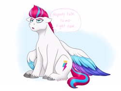 Size: 3168x2387 | Tagged: safe, artist:bella-pink-savage, zipp storm, pegasus, pony, g5, blue background, chonk, chubby, female, floppy ears, frown, gradient background, high res, mare, moody, morning ponies, simple background, sitting, solo, speech bubble, sternocleidomastoid, unamused, white background, zipp storm is not amused
