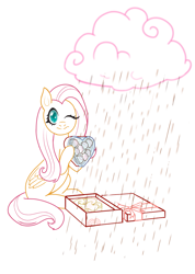 Size: 1679x2361 | Tagged: safe, artist:spring_spring, part of a set, discord, fluttershy, pegasus, pony, g4, box, box of chocolates, chocolate, chocolate rain, commission, commissioner:zcord, food, heart, heart hands, heart shaped box, hearts and hooves day, holiday, hoof hold, implied discord, lineart, looking at you, one eye closed, rain, simple background, sketch, solo, valentine's day, white background, wink, winking at you
