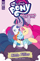 Size: 2063x3131 | Tagged: safe, artist:jenna ayoub, idw, official comic, fluttershy, rainbow dash, rarity, twilight sparkle, alicorn, pegasus, pony, unicorn, g4, my little pony classics reimagined: little fillies, official, clothes, comic cover, dress, eyes closed, female, high res, hug, little women, mare, my little pony logo, ribbon, simple background, smiling, twilight sparkle (alicorn)