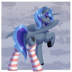 Size: 2000x2000 | Tagged: safe, artist:nika-rain, oc, oc only, oc:shimmer shield, oc:shimmering guard, alicorn, pony, butt, clothes, high res, male, plot, socks, solo, stockings, striped socks, thigh highs