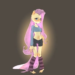 Size: 2357x2357 | Tagged: safe, artist:haku nichiya, fluttershy, anthro, plantigrade anthro, g4, blushing, eyebrows, female, frown, gradient background, high res, looking at you, solo, wingless, wingless anthro