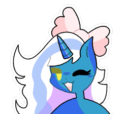Size: 505x454 | Tagged: safe, artist:vampire-vex, oc, oc only, oc:fleurbelle, alicorn, pony, alicorn oc, bow, female, hair bow, happy, horn, mare, one eye closed, simple background, solo, transparent background, wings, wink
