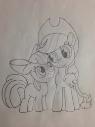 Size: 852x1136 | Tagged: safe, artist:6127fpcs, apple bloom, applejack, earth pony, pony, g4, apple sisters, female, filly, foal, mare, siblings, sisters, traditional art