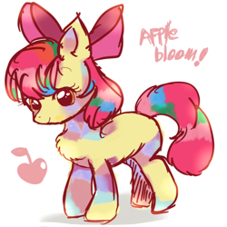 Size: 600x600 | Tagged: safe, artist:tsukuda, apple bloom, earth pony, pony, g4, apple, apple bloom's bow, bow, chest fluff, female, filly, foal, food, hair bow, simple background, solo, text, white background