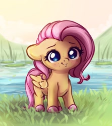 Size: 1692x1904 | Tagged: safe, artist:miokomata, fluttershy, pegasus, pony, chibi, colored hooves, cute, daaaaaaaaaaaw, female, floppy ears, freckles, freckleshy, grass, mare, pond, shyabetes, smiling, solo, water, weapons-grade cute